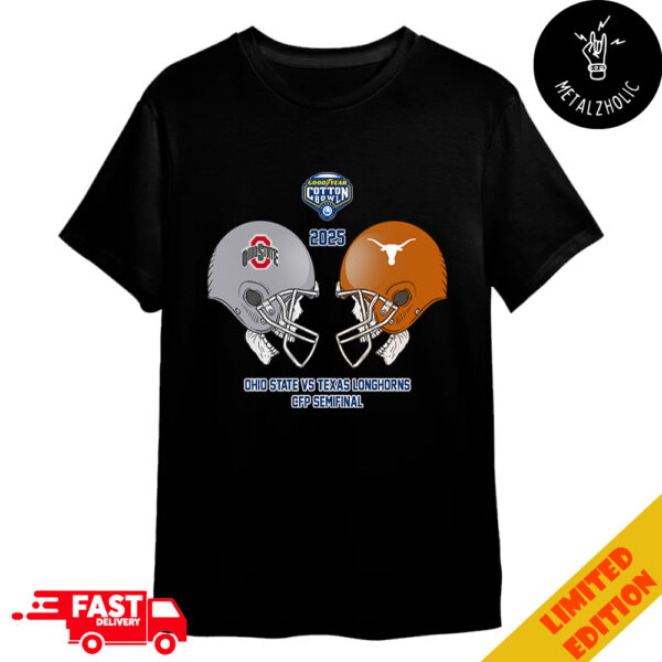 Ohio State Buckeyes vs Texas Longhorns Skull Head To Head Helmet Goodyear Cotton Bowl Classic CFP Semifinal NCAA Season 2024-2025 Merchandise T-Shirt