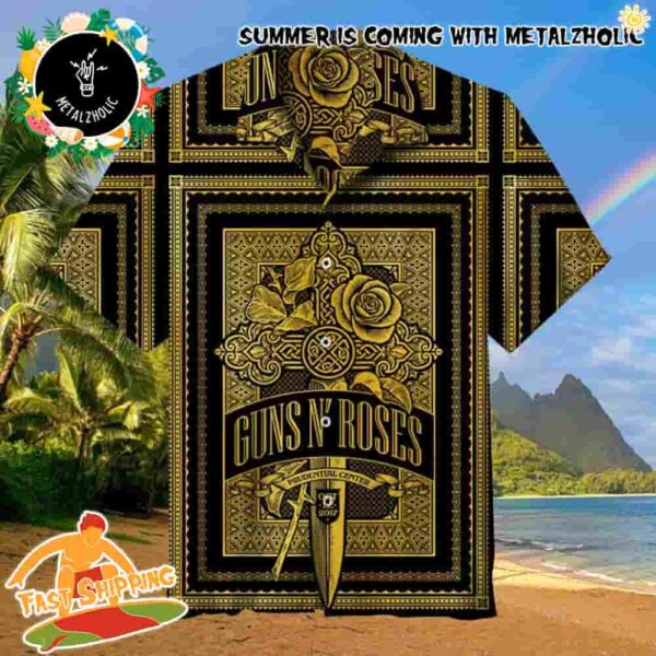 Guns N’ Roses Gold Elegance Pattern Summer Roses Hawaiian Shirt And Beach Short