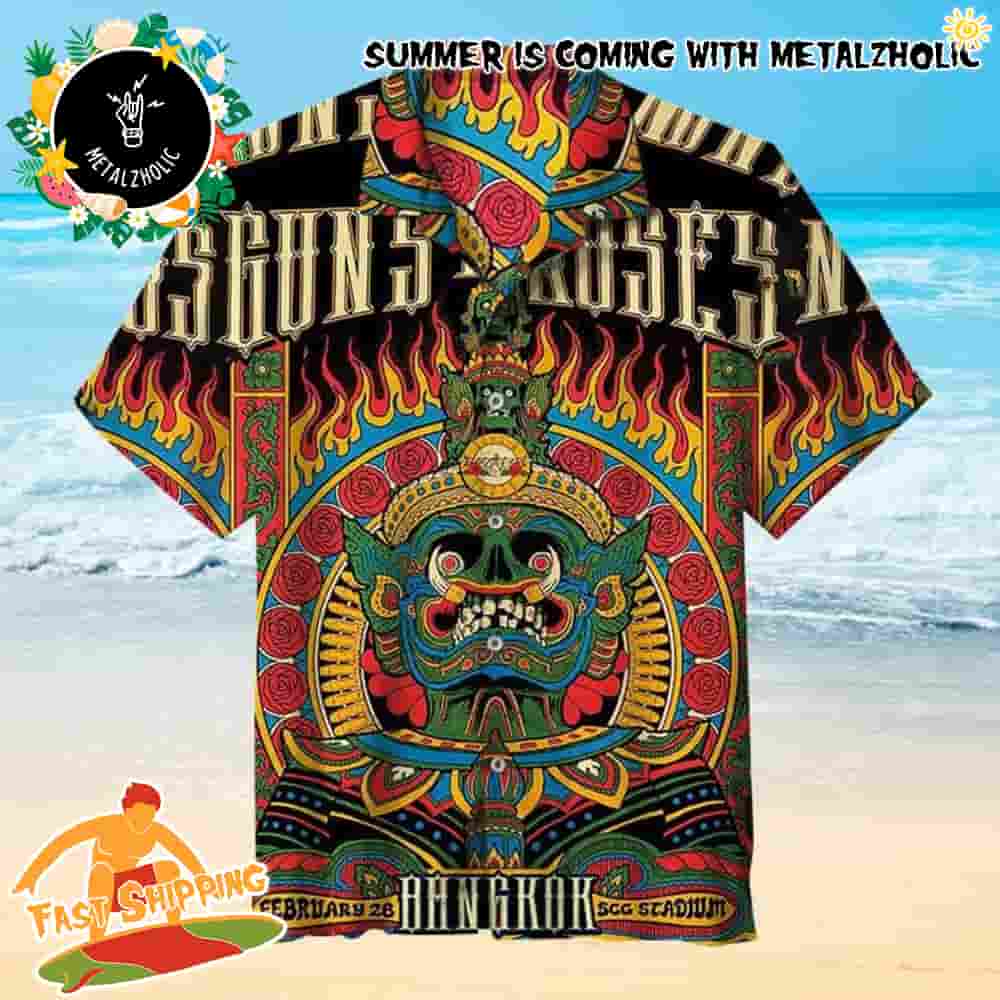 Guns N’ Roses Thai-Inspired Fire Pattern Summer Hawaiian Shirt And Beach Short Guns N’ Roses Thai-Inspired Fire Pattern Summer Hawaiian Shirt And Beach Short