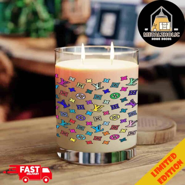 Personalized Colorful Logo Louis Vuitton Luxury Brand Graphic Premium Scentes Candle Full Glass, Soy Candle, 65 Hours Burn