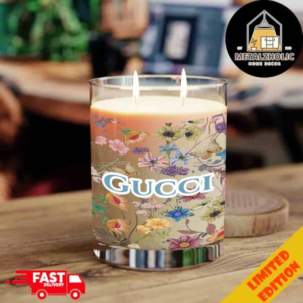 Personalized Gucci Floral Pattern Fashion And Luxury Brand Premium Scentes Candle Full Glass, Soy Candle, 65 Hours Burn