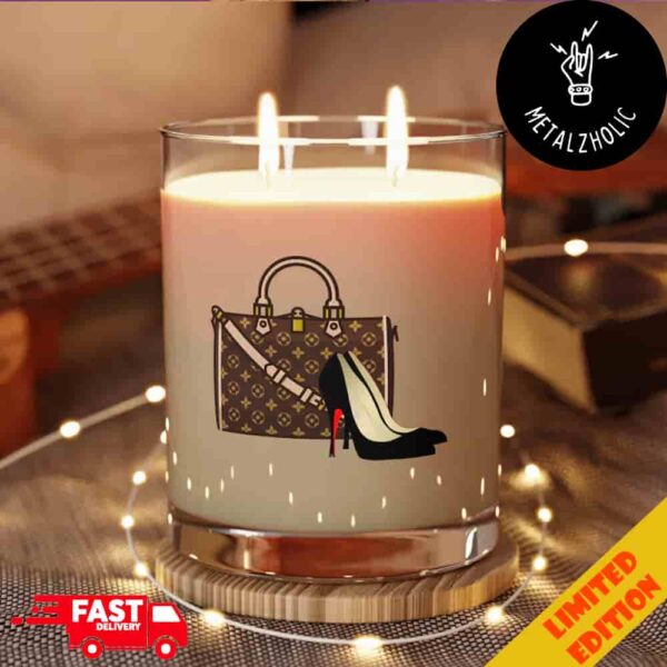 Personalized High End Bag And Shoes Louis Vuitton Luxury Brand Graphic Premium Scented Candle Full Glass, Soy Candle, 65 Hours Burn