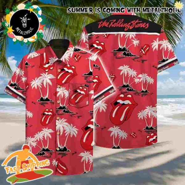 The Rolling Stones Tropical Pattern Red Background Summer Hawaiian Shirt And Beach Short