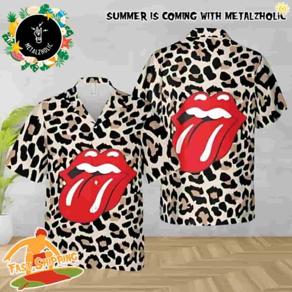 The Rolling Stones With Leopard Pattern Summer Collections Heavy Metal Band Hawaiian Shirt And Beach Short